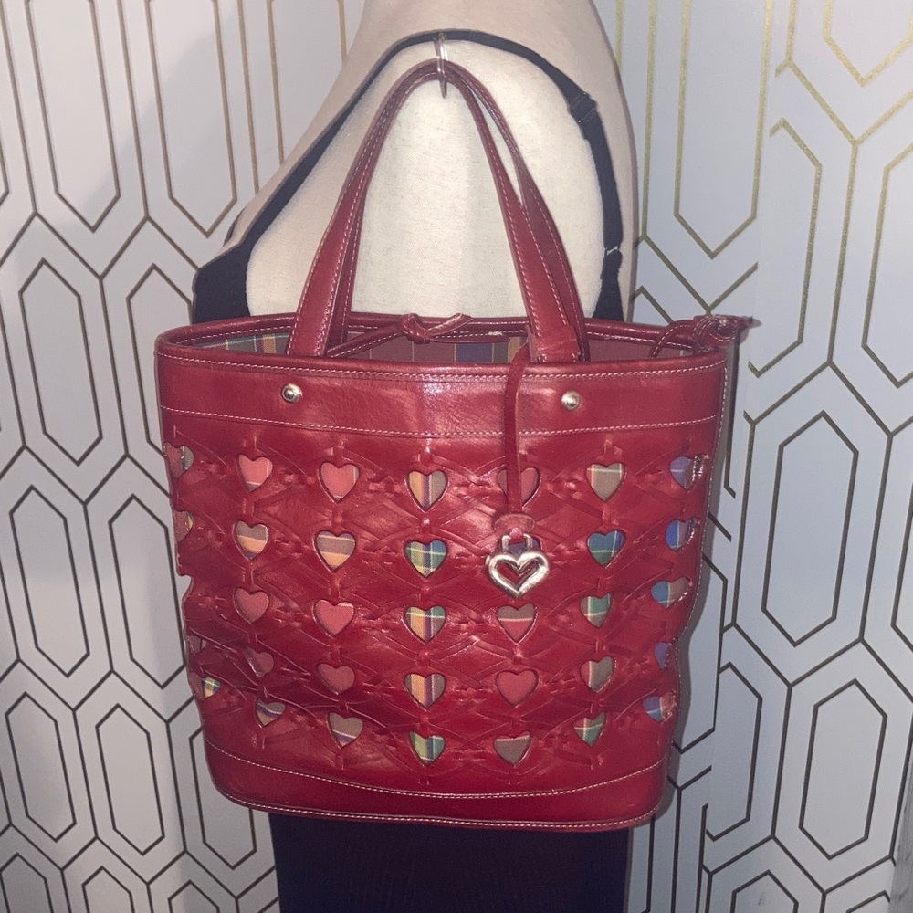 Genuine Brighton Karina  Red Heart Leather  Cutout Tote Bag with plaid lining
